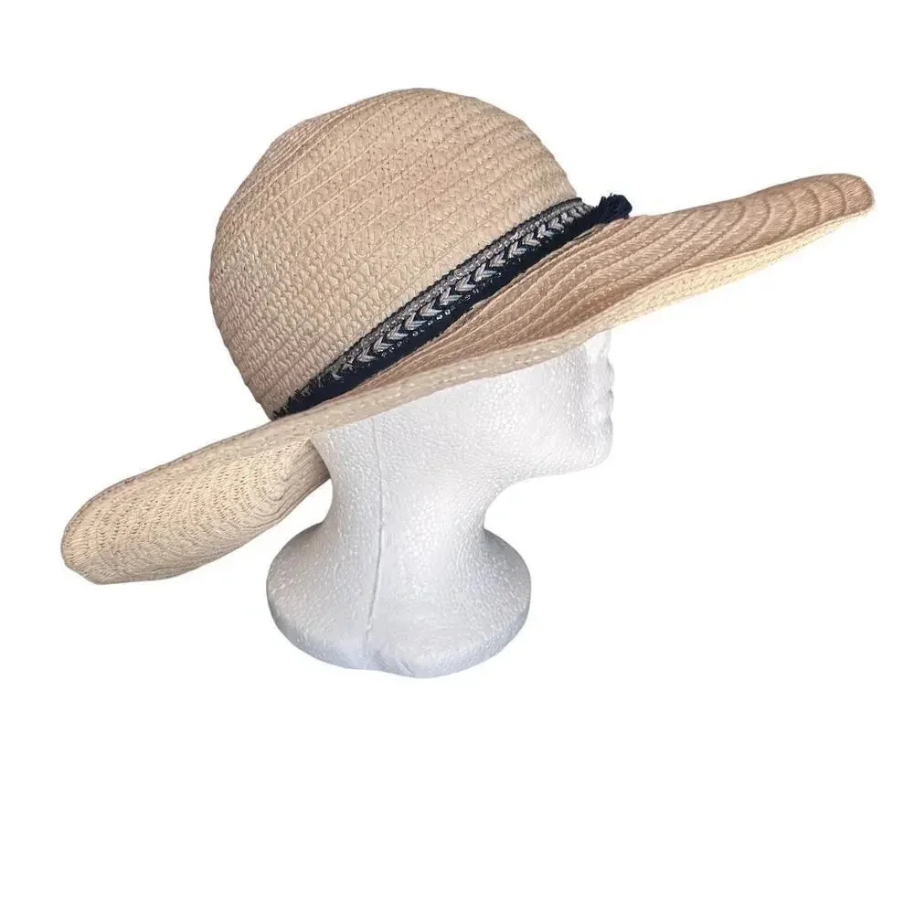 Tan wide rim floppy beach hat with navy & silver ribbons